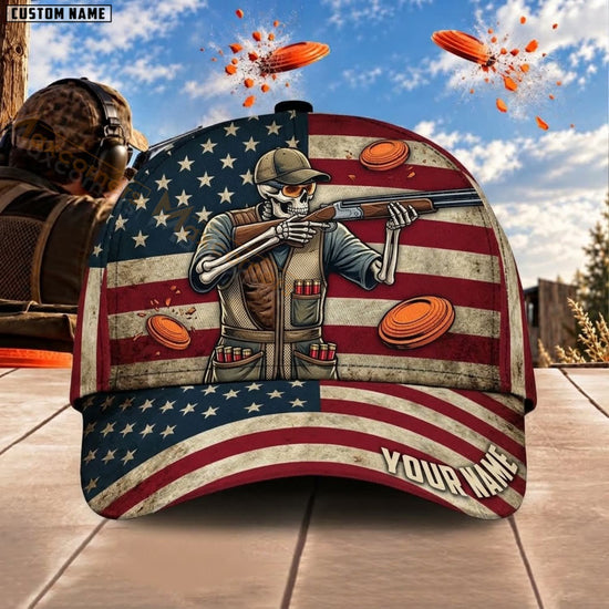 Maxcorners Trap & Skeet Shooting US Flag Skeleton Shooter Personalized Name 3D Cap