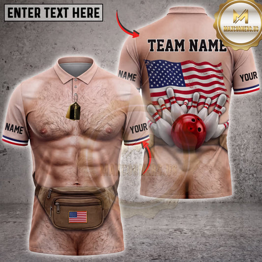 Maxcorners Bowling Funny Body Waist Bag American Flag Bowling Ball Pins Personalized Name 3D Unisex Shirt