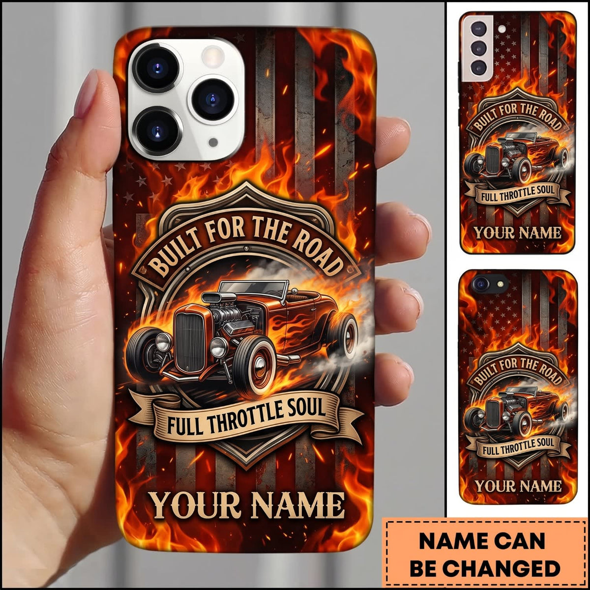 Maxcorners Hot Rod Orange Flame and Skull Classic Car Design Personalized Name 3D Phone Case