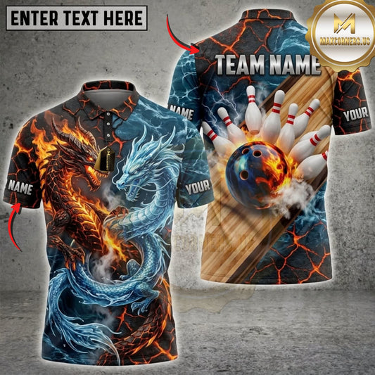 Maxcorners Bowling Dual Element Dragon Flaming Bowling Strike Multicolor Customized Name, Team Name 3D Shirts ( 4 Colors )