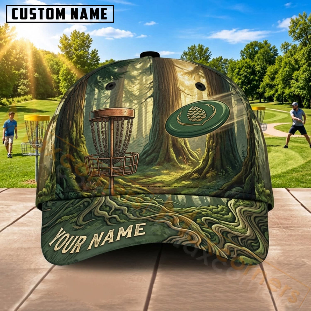 Maxcorners Disc Golf Camo Forest Flying Disc Basket Personalized Name 3D Cap