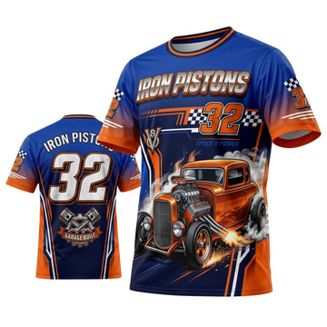 Maxcorners Personalized Car Classic Muscle Car 3D T-Shirt – High Octane Blue Orange Custom Racing Rod