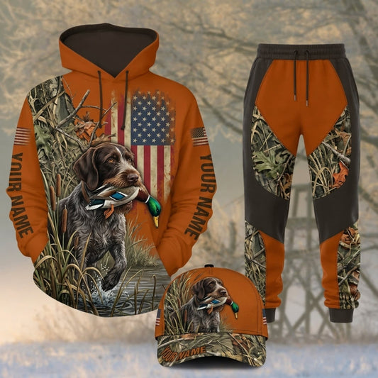 Maxcorners Duck Hunting German Wirehaired Pointer American Flag Orange Personalized 3D Shirts