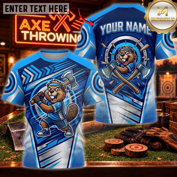 Maxcorners Axe Throwing Blue Cartoon Axe Warrior Personalized Name 3D Unisex Shirt