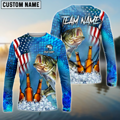 Maxcorners Bass Fishing Beer Usa Flag Personalized Name, Team Name 3D Long Sleeve Shirt