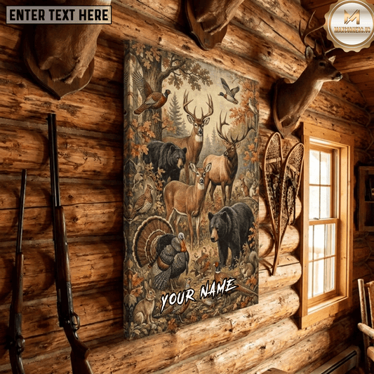 Maxcorners Deer Hunting Deer Elk Black Bear Turkey Pheasant Duck Rabbit Autumn Forest Vintage Wildlife Tapestry Canvas Wall Art