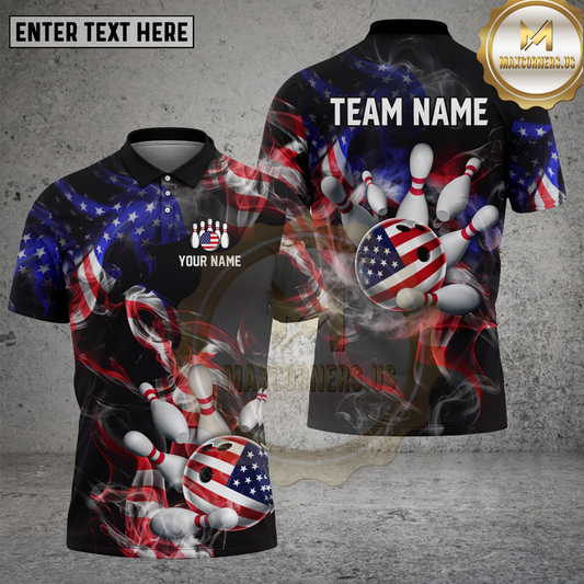 Maxcorners Bowling Dark Patriotic Smoke Strike Multiple Options Personalized Name, Team Name 3D Shirt