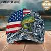 Maxcorners Fishing Patriotic Gray Camo Personalized Name 3D Cap (12 Fish Species)