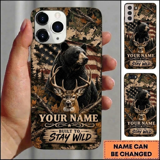 Maxcorners Hunting Bear Deer US Flag Camo Stay Wild Customized Name Phone Case