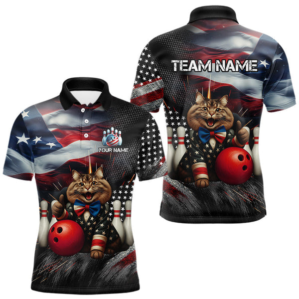 Maxcorners American Flag Funny Cat Bowling Shirt for Men Custom Bowling League Jersey Polo & 1/4 Zip Shirt TU1711