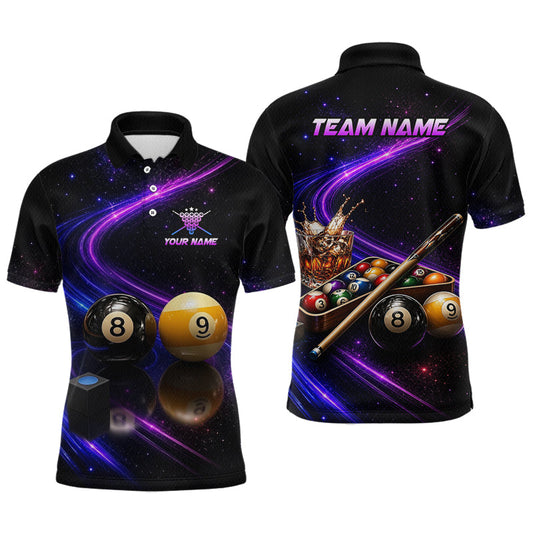 Maxcorners Custom Purple Galaxy 8 Ball & 9 Ball Billiard Shirt for Men Whiskey Pool Team Jersey Billiard Outfit LM0607