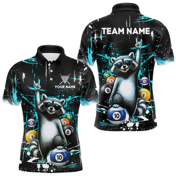 Maxcorners Custom Turquoise Funny Raccoon Billiard Shirt for Men 10 Ball Pool Billiard Jersey Polo & 1/4-Zip