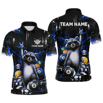 Maxcorners Custom Blue Funny Raccoon Billiard Shirt for Men 8 Ball Pool Billiard Jersey Polo & 1/4-Zip LM0503