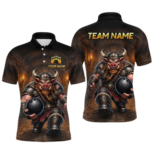 Maxcorners Custom Viking Pig Bowling Shirt Black & Brown Funny Bowling Jersey for Men Polo & Quarter-Zip LM1508