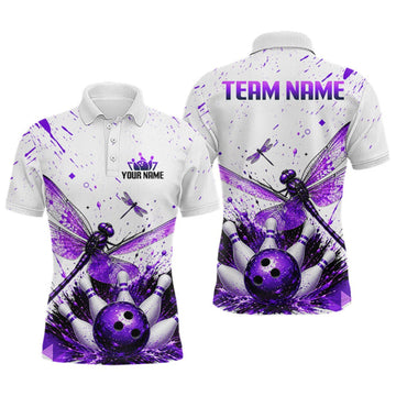 Maxcorners Custom Purple and White Dragonfly Bowling Shirt for Men Bowling Team Jersey Bowling Outfit LM1508