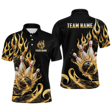 Maxcorners Custom Flame Bowling Shirt Black Gold Liquid Bowling Jersey Polo & 1/4-Zip