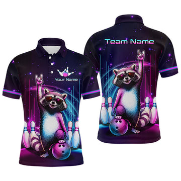 Maxcorners Custom Neon Funny Raccoon Bowling Shirt for Men Bowling Team Jersey Polo & 1/4-Zip Bowling Outfit