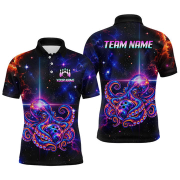 Maxcorners Custom Galaxy Octopus Bowling Shirt for Men Purple Bowling Jersey Bowling Outfit