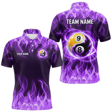 Maxcorners Custom Purple Flame Yin Yang 8 Ball and 9 Ball Billiard Team Shirts for Men Billiard League LM0510
