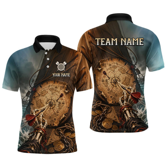 Maxcorners Custom Vintage Treasure Map Dart Shirt Skeleton Pirate Dart Team Jersey for Men Polo & Quarter-Zip LM1508