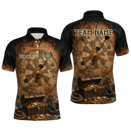 Maxcorners Custom Vintage Treasure Map & Chest Dart Shirt Skeleton Pirate Dart Team Jersey for Men Polo & 1/4-Zip LM1508