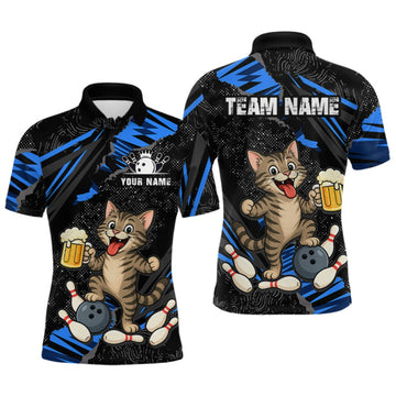 Maxcorners Custom Blue Funny Cat Bowling Shirt Bowling League Jersey for Men LM2709