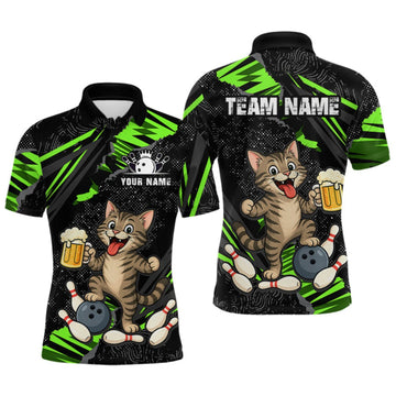 Maxcorners Custom Green Funny Cat Bowling Shirt Bowling Team Jersey for Men LM2709