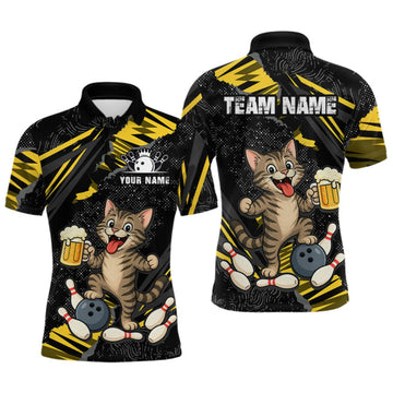Maxcorners Custom Yellow Funny Cat Bowling Shirt Bowling Team Jersey for Men LM2709