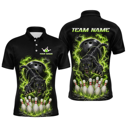 Maxcorners Custom Green Flame Panther Bowling Shirt for Men Bowling Team Jersey Polo & Quarter-Zip LM1508