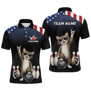 Maxcorners Custom American Flag Bowling Shirt League for Men Funny Cat Bowling Team Jersey LM2709