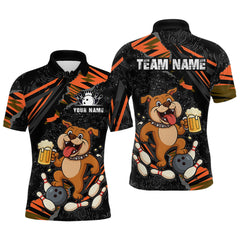 Maxcorners Custom Orange Funny Bulldog & Beer Bowling Shirt Men Bowling Team Jersey League Polo & 1/4 Zip LM1112