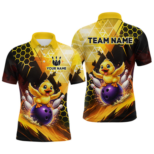Maxcorners Custom Funny Duck Bowling Team Shirt for Men Yellow Bowling League Jersey Polo & 1/4 Bowling Outfit LM2603