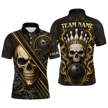 Maxcorners Black & Gold Skull Crown Bowling Shirt Bowling Jersey for Men League Polo & Quarter-Zip LM2405