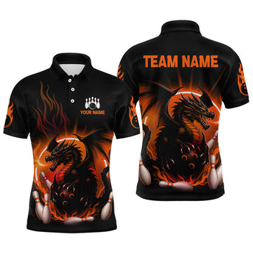 Maxcorners Custom Orange Flame Dragon Bowling Team Shirt for Men Bowling League Jersey Polo & Quarter-Zip LM2607