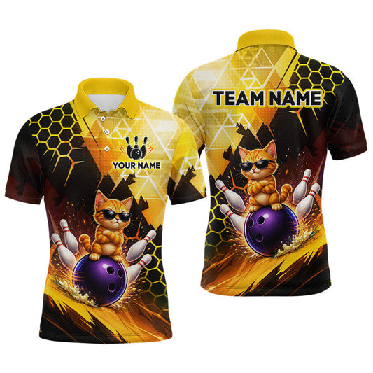 Maxcorners Custom Funny Cat Bowling Team Shirt for Men Bowling Jersey League Polo & Quarter Zip