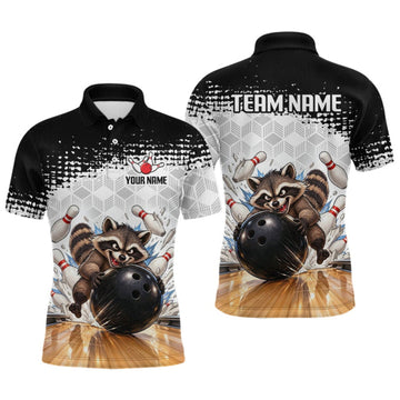 Maxcorners Custom Funny Raccoon Bowling Shirt Black White Bowling Jersey for Men LM2709