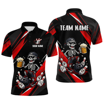 Maxcorners Funny Skeleton & Beer Bowling Shirt Custom Red Bowling Jersey Polo & 1/4 Zip Outfit for Men