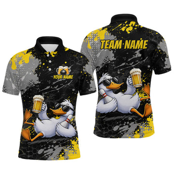 Maxcorners Custom Funny Duck & Beer Bowling Shirt for Men Yellow Bowling Jersey League Polo & 1/4-Zip