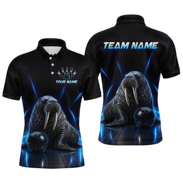 Maxcorners Neon Blue Walrus Bowling Shirt for Men Bowling Jersey Polo & Quarter-Zip Outfit LM2405