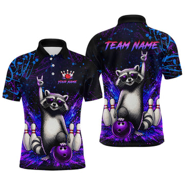 Maxcorners Custom Purple and Blue Funny Raccoon Bowling Shirt for Men Bowling League Jersey Polo & 1/4 Zip