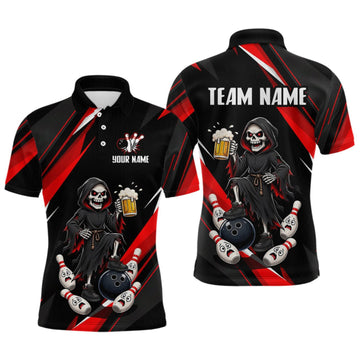 Maxcorners Black & Red Funny Grim Reaper Bowling Jersey Bowling Shirt for Men Polo & 1/4 Zip LM0409