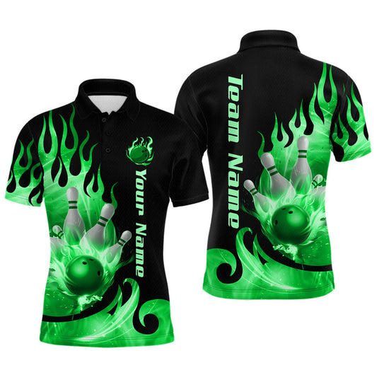 Maxcorners Green Flame Bowling Team Shirt for Men Bowling League Jersey Polo & 1/4 Zip Bowling Outfit LM1903