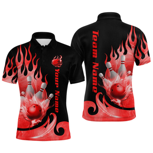 Maxcorners Red Flame Bowling Team Shirt for Men Bowling League Jersey Polo & 1/4 Zip Bowling Outfit LM1903