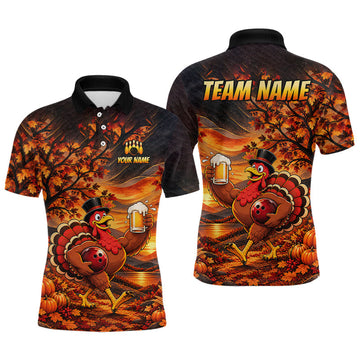 Maxcorners Custom Thanksgiving Bowling Shirt for Men Funny Turkey & Beer Bowling Jersey Polo & 1/4 Zip