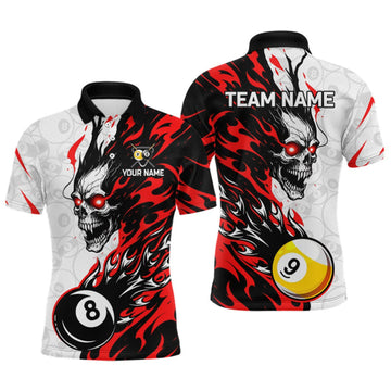Maxcorners Custom Red & White Flame Skull Billiard Shirt for Men 8 Ball & 9 Ball Pool Jersey LM2709