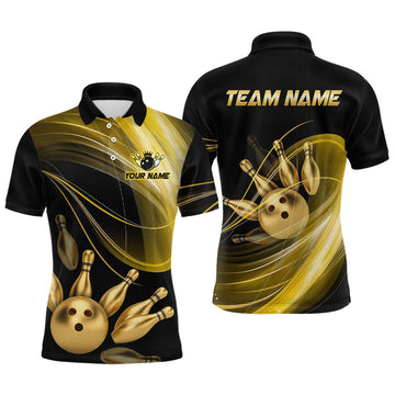 Maxcorners Custom Black and Gold Bowling Shirt for Men Bowling League Jersey Polo & 1/4 Zip Bowling Outfit LM2806