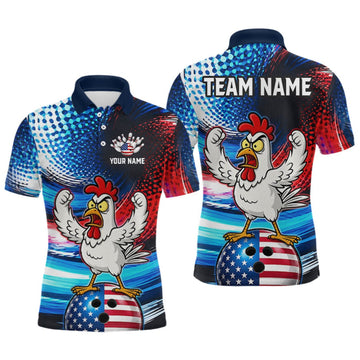 Maxcorners Custom American Flag Chicken Bowling Shirt for Men Funny Bowling Jersey Polo & 1/4-Zip LM0409