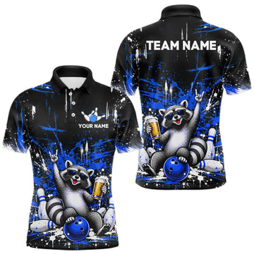Maxcorners Custom Blue Funny Raccoon with Beer Bowling Shirts for Men Bowling Jersey LM0410