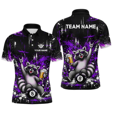 Maxcorners Custom Funny Raccoon Billiard Shirt for Men Purple 8 Ball Pool Jersey with Beer Polo & Quarter-Zip LM0510