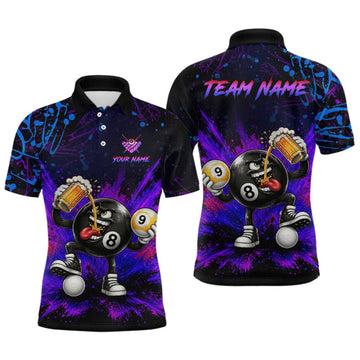 Maxcorners Custom Funny Beer Billiard Shirt 8 Ball & 9 Ball Billiard Jersey for Men Pool Shirt Polo & 1/4 Zip LM0409